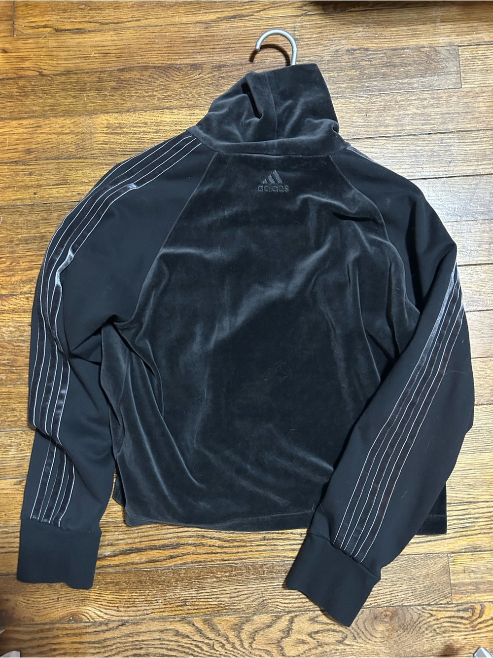 adidas Black Velour Lightweight Track Jacket with Stripe Sleeves